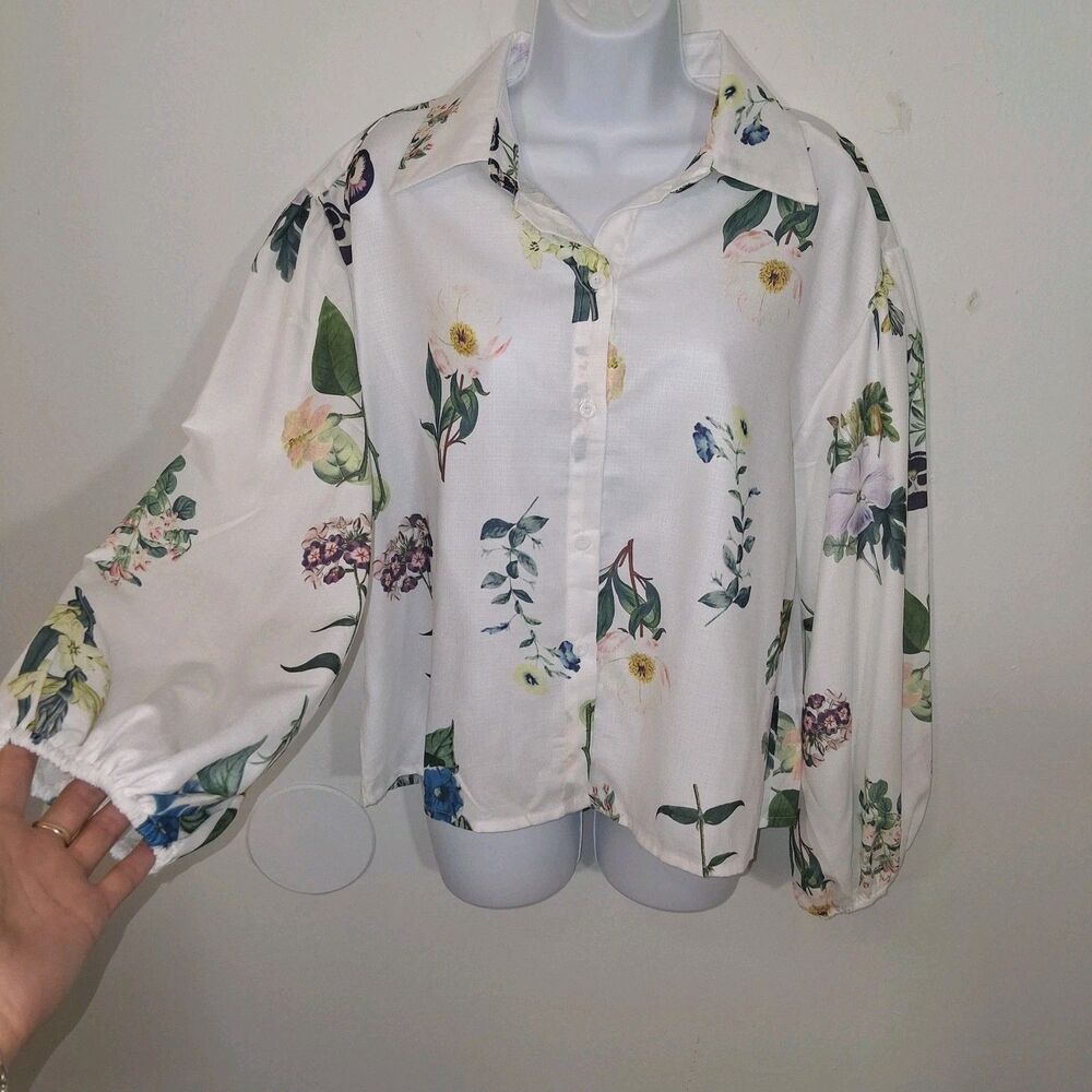Floral Linen Blend Puff Sleeve Blouse Sz Jr XL Boho Cottage Hippie Bloomcore